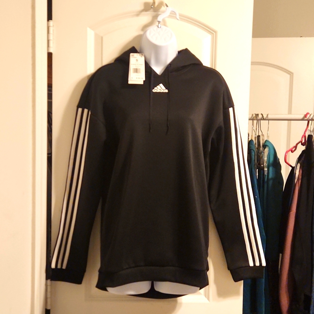 Adidas Black Hoodie with White Stripes Front Pockets NWT